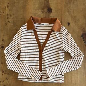 Elodie Brown and White Ribbed Polo Shirt